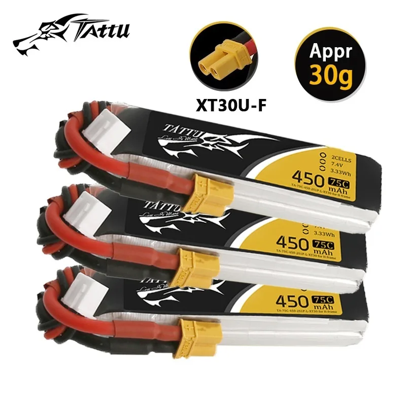 TATTU 7.4V 450mAh 75C LiPo Battery For RC Helicopter Quadcopter FPV Racing Drone Parts With XT30 Plug 7.4V Rechargeable Battery