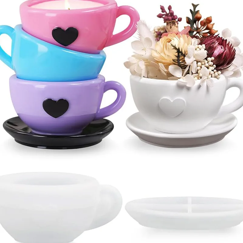 Creative Production of Love Coffee Cup and Coaster Set Candle Cup Pottery Mold Home Decoration Gypsum Concrete Silicone Mold