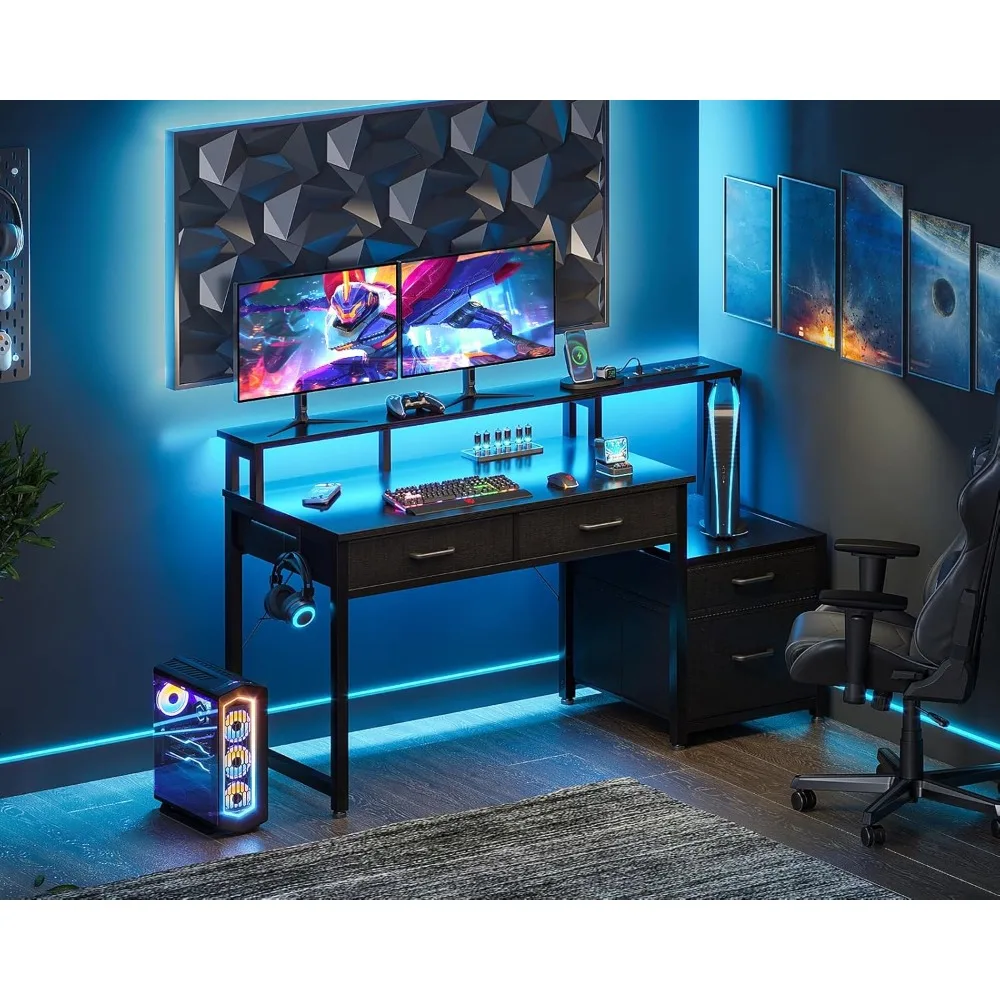 Computer Desk with Power Outlets and LED Lights, Gaming Desk with 4 Fabric Drawers, Reversible Office Desk with Monitor Stand