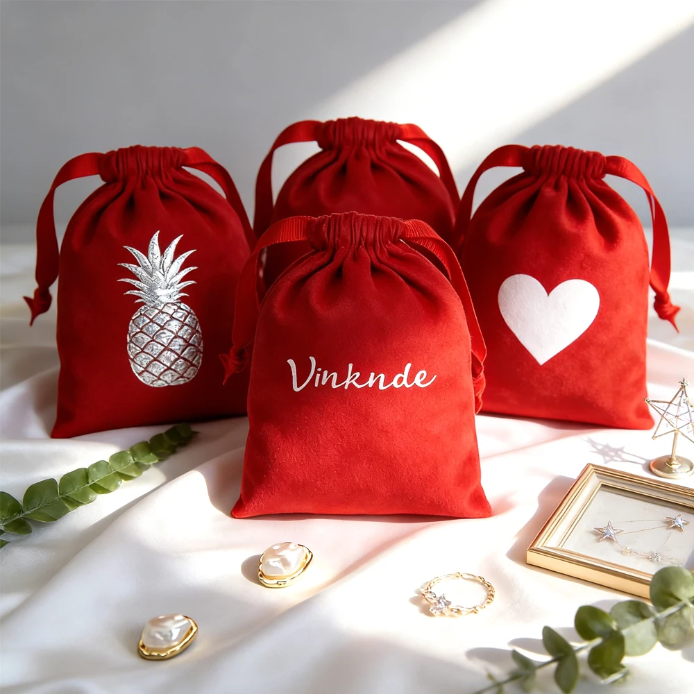 

100Pcs Luxury Red Velvet Jewelry Pouch with Drawstring Custom Logo Reusable Gift Bag for Rings Necklaces Earrings Perfume Candy