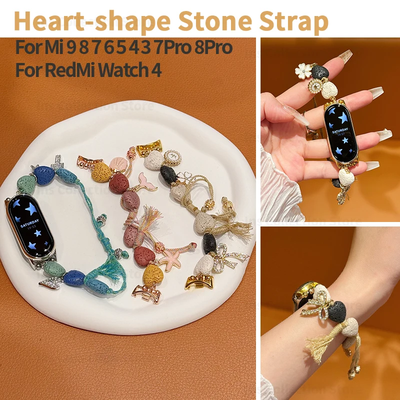 

Dopamine Love Stone Strap for Xiaomi MiBand 9 8 7 6 5 Women Weave Bracelet for MiBand 8 Pro Handmade Wristband for Redmi Watch 4