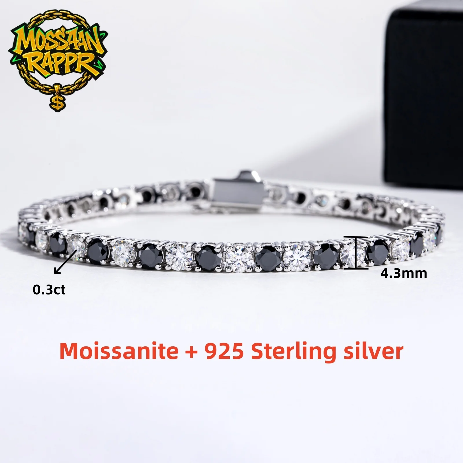 

MossanRappr Black and White Moissanite Tennis Bracelet 11.4-13.8cttw 925 Sterling Silver Trendy Hip Hop Bracelet for Men Women