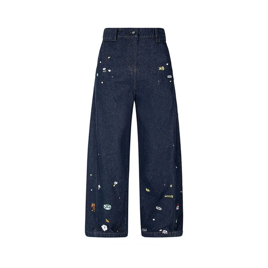 Women's Vintage Cartoon Embroidery Curved Jeans Girl Street Wide Leg Pants High Waisted Baggy Trousers Female Unisex Sweatpants