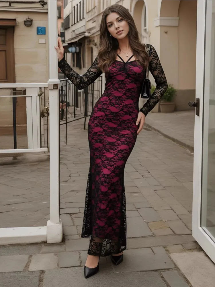 

Party Dresses For Woman Sexy Slim Lace Long Sleeves Dress Bodycon Contrast Vestidos Package Hip Elegant Temperament Robe Trendy