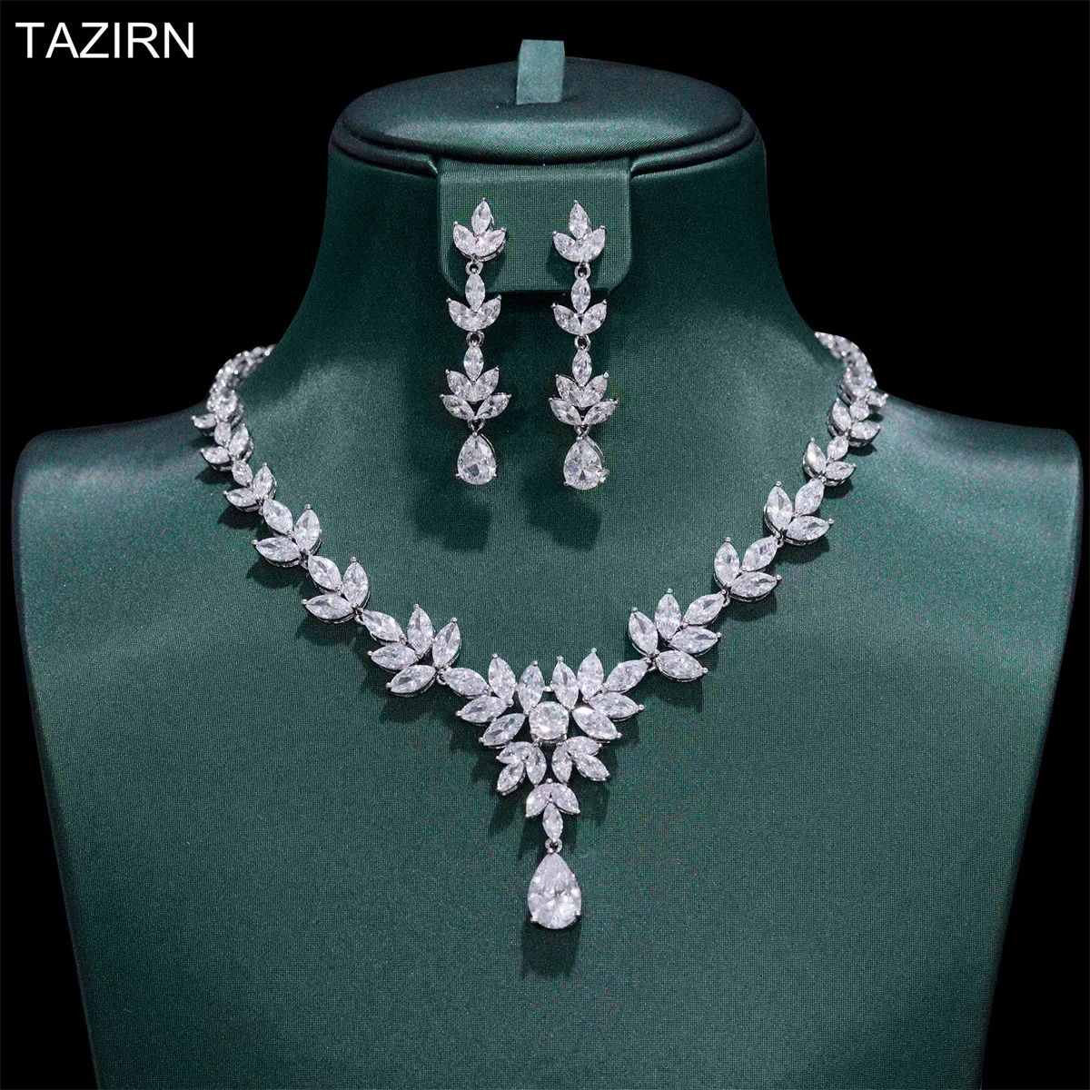 TAZIRN 5A Silver Flower Zircon Pendant Necklace and Earrings Bridal Wedding 2PCS Jewelry Set For Women Party Jewelry Accessories