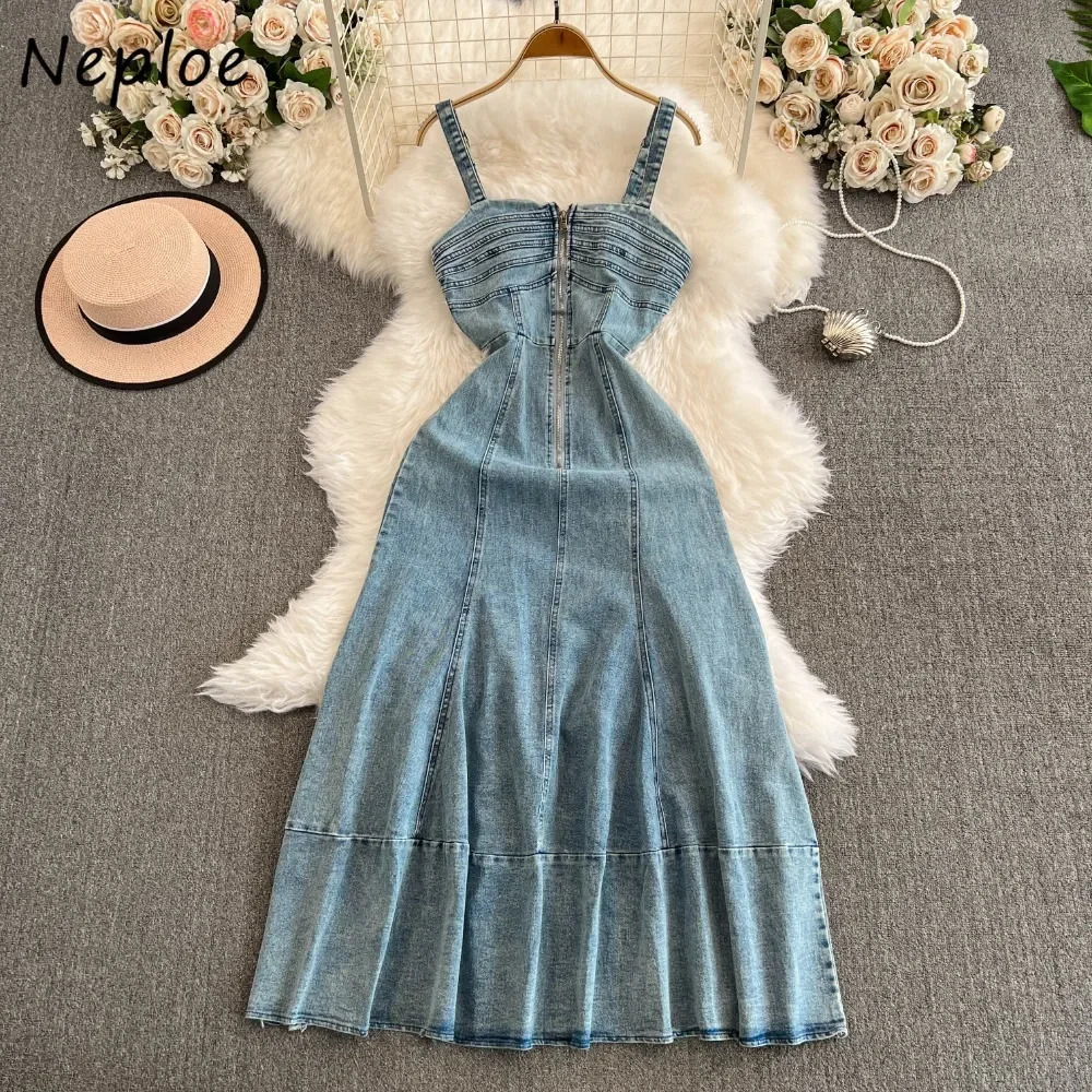 Neploe 2024 New Sleeveless American Style Sling Dress Big Swing Denim Vintage Sexy Advanced Mujer Moda Slim Fit Zip Ruched Robe