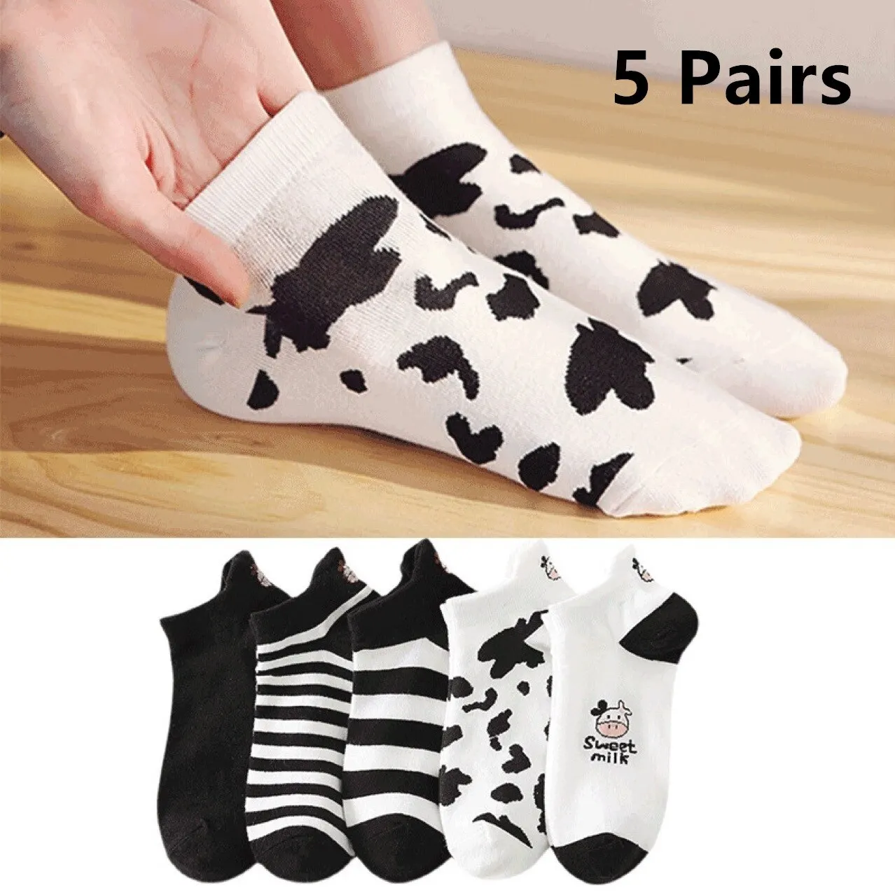 

5 Pairs Spring Summer Thin Fashion Women Sock Cartoon Cow Harajuku Kawaii Cute Girl Happy Funny Boat Socks