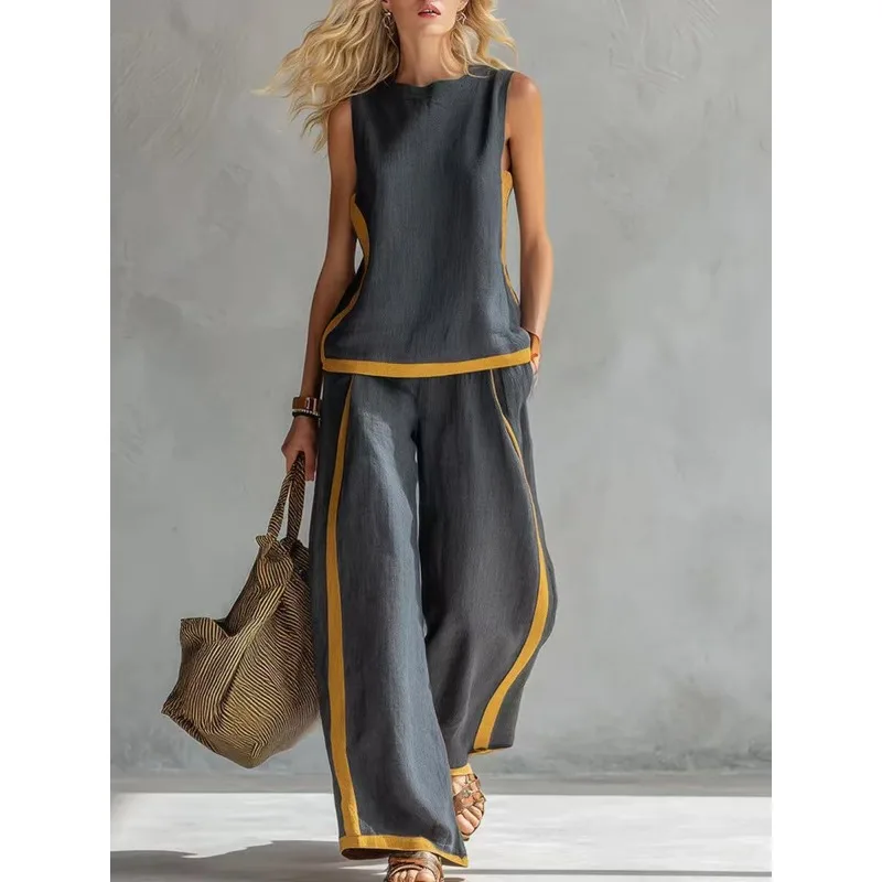 

Sleeveless Contrasting Wide Leg Pants Set for Women's Summer Casual Fashion Two-piece Set