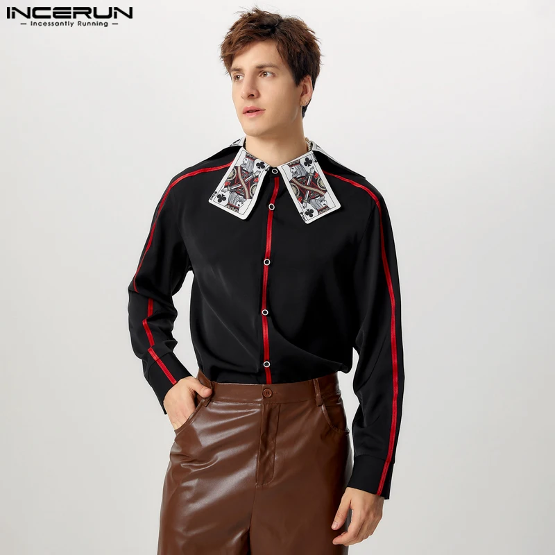 INCERUN Fashion Men Long Sleeve Blouses Poker Decoration Splicing Shirts Fashion Handsome Simple Commuting Loose Male Chemise