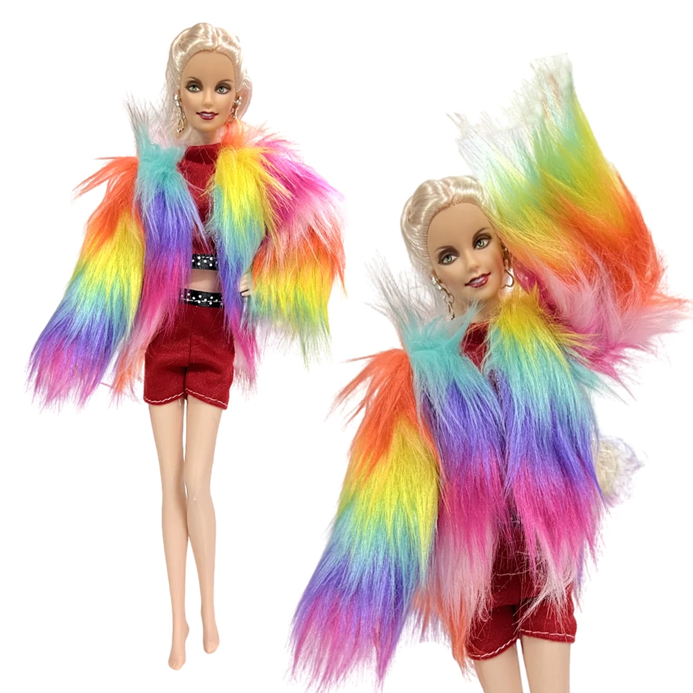 New 3 Items/ Set Fashion Outfit Rainbow Shawl+Red Shirt+Short Modern Clothes For Barbie Doll Accessories Girl' 1/6 Doll Toys