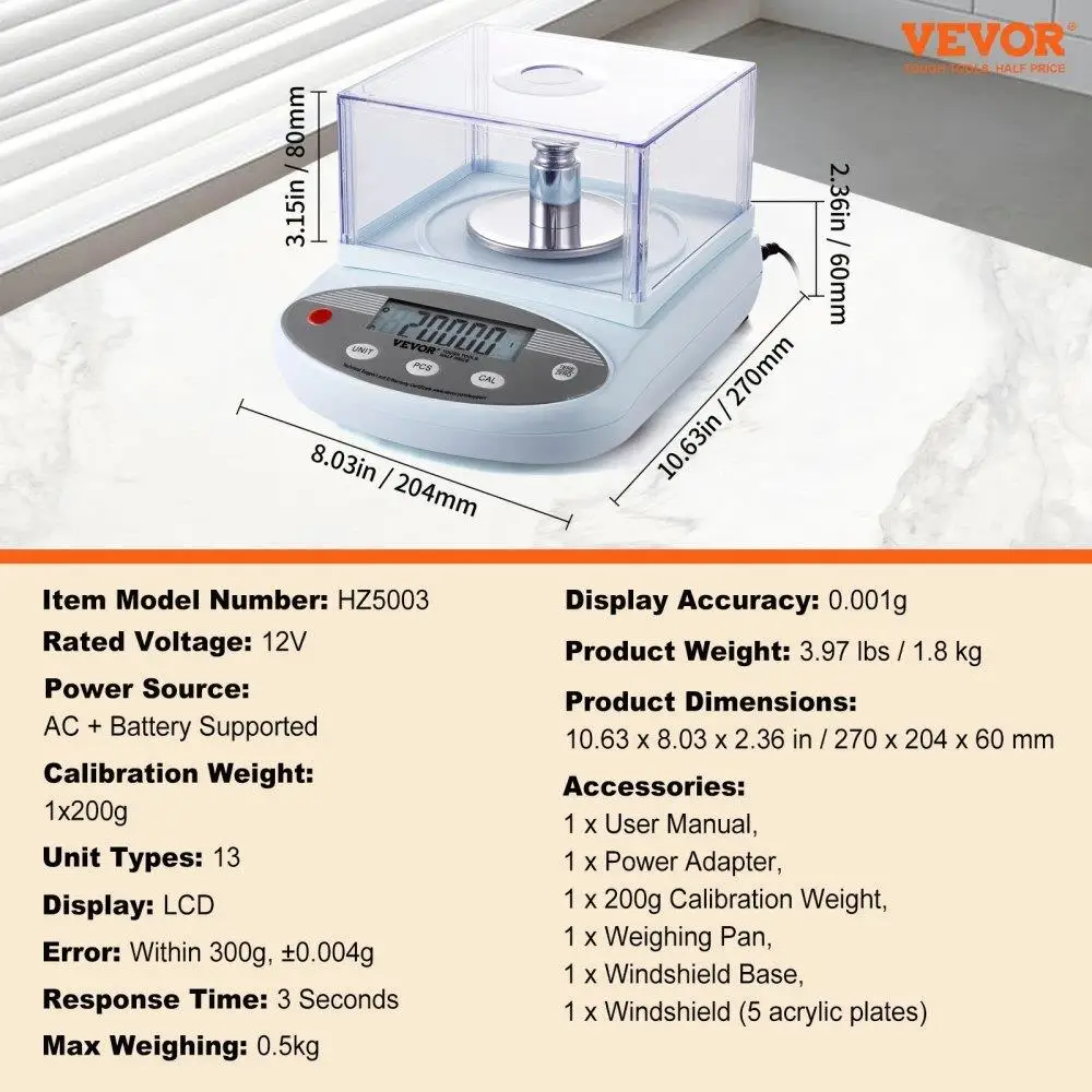 High Analytical Balance Scale 500g x 0.001g with Windshield LCD Display for Laboratory Use