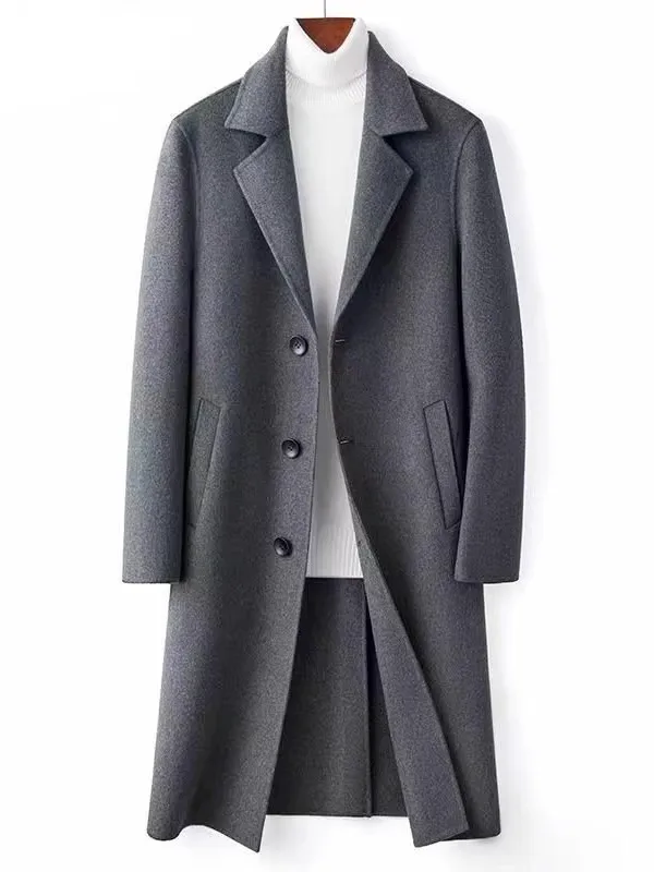 

Мужское длинное шерстяное пальто на осень-зиму, твидовое пальто на пуговицах, высококачественная ветровка до колен, приталенная деловая верхняя одежда