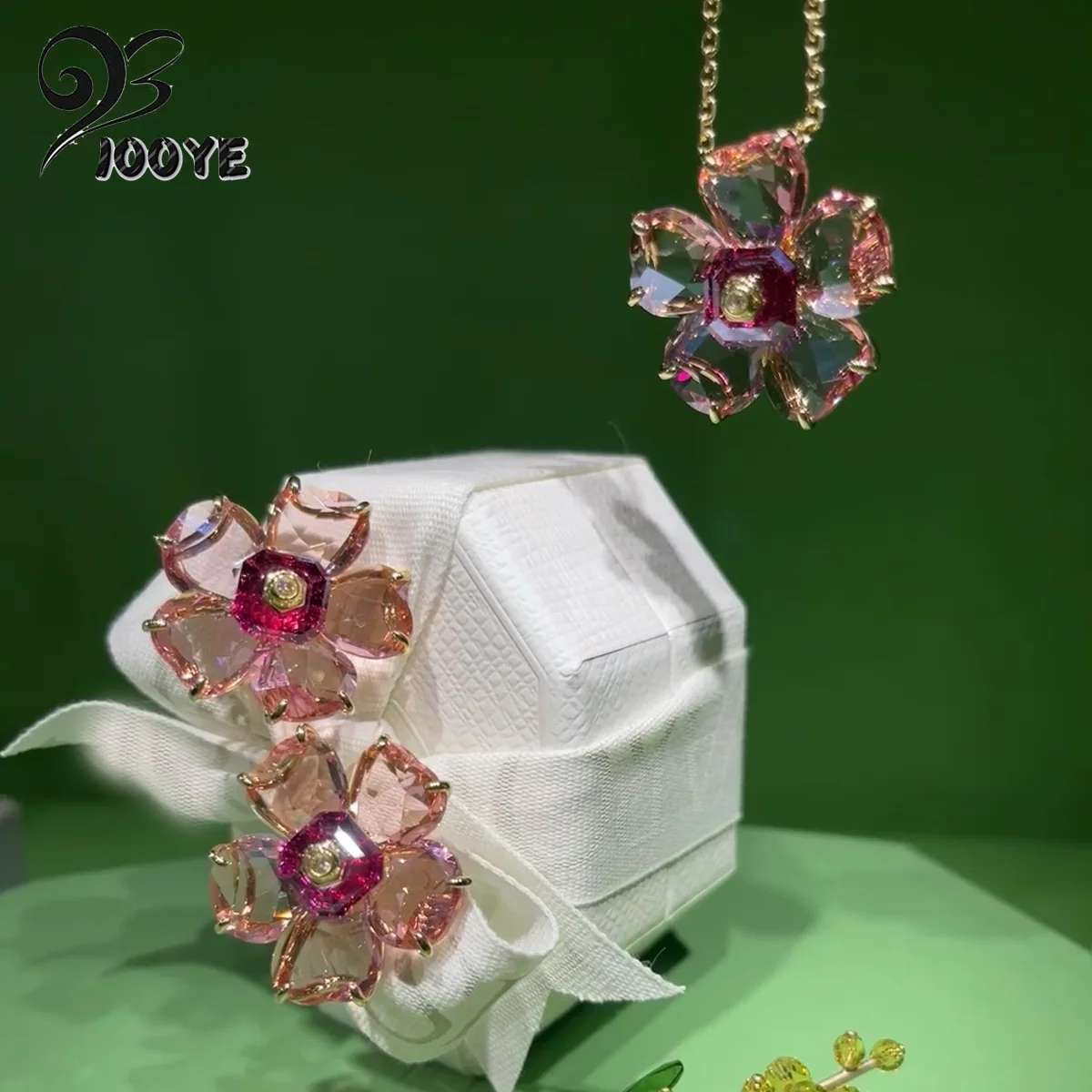 Original 2024 New Trend Fine Jewelry Sets Charm Luxury Pink Yellow Flower Crystal Fashion Necklace Earrings Rings Gift For Women