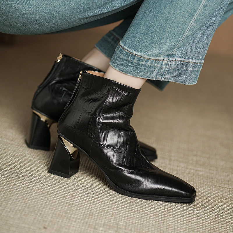 

Elegant Retro 2025 Genuine Leather Ankle Boots for Women Thick High Heels Square Toe Zip Short Autumn Winter Shoes Woman Boots