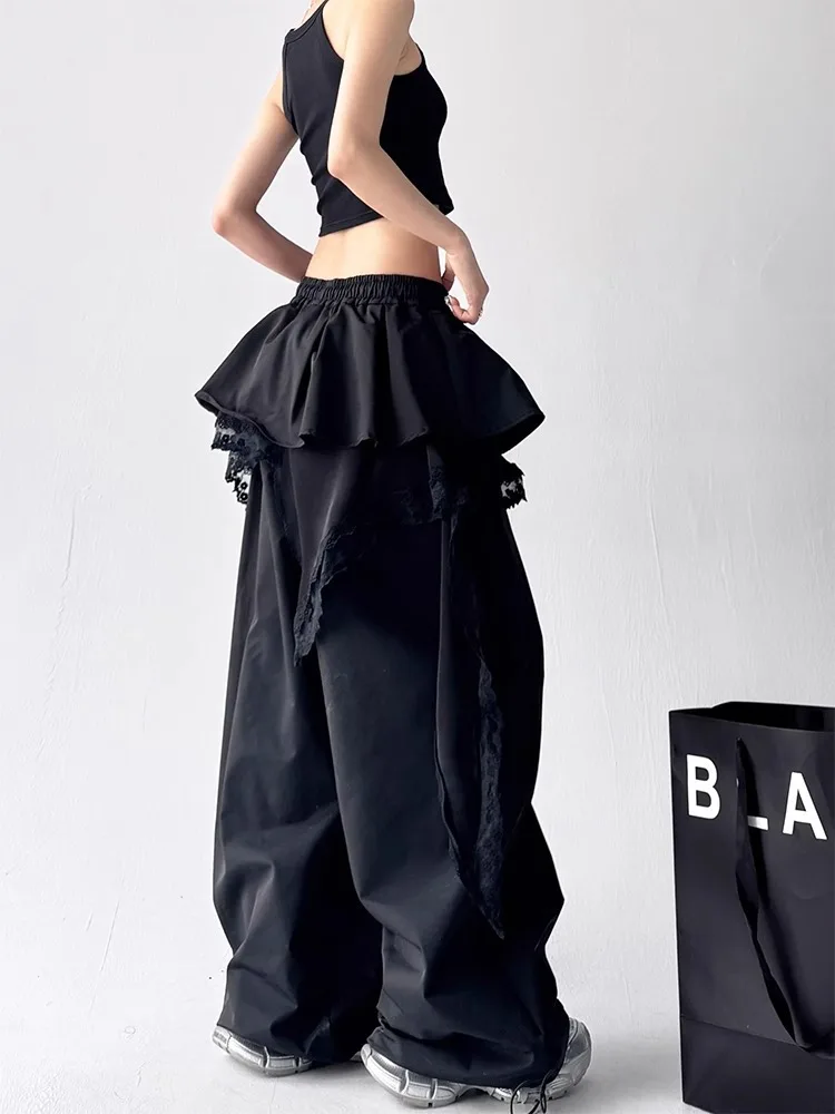 Y2K الطبقات تنورة السراويل النساء الدانتيل المرقعة واسعة الساق السراويل الشارع الشهير ملابس العمل سراويل تقليدية الموضة #4