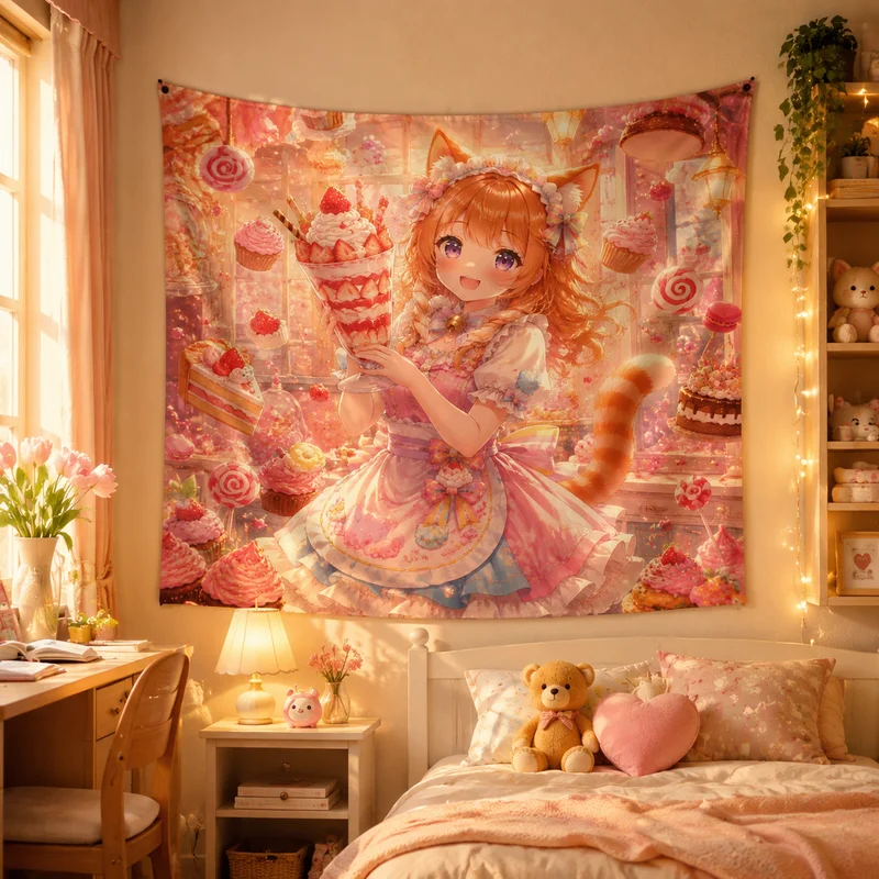 VIKAMA Cute Cat Girl Wall Tapestry Sweet Anime Style Teen Room Dorm Living Room Gaming Room Hanging Cloth Decor
