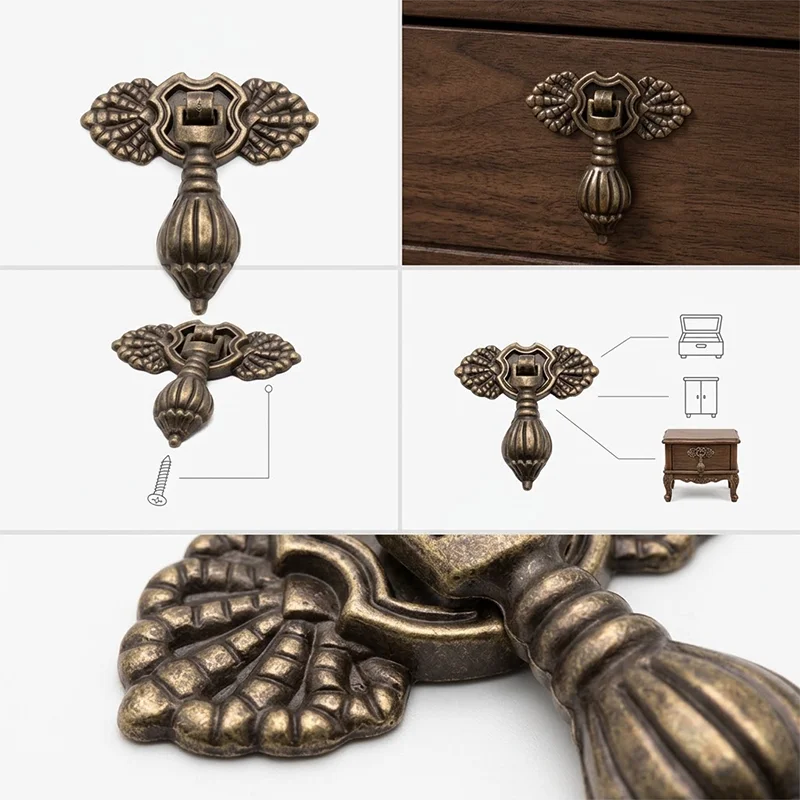 Zinc Alloy Vintage Carved Drop Pulls 8Pcs(4 Handles+4 Screws) European Knobs for Cabinet Drawer Wardrobe Chest Furniture Decorat
