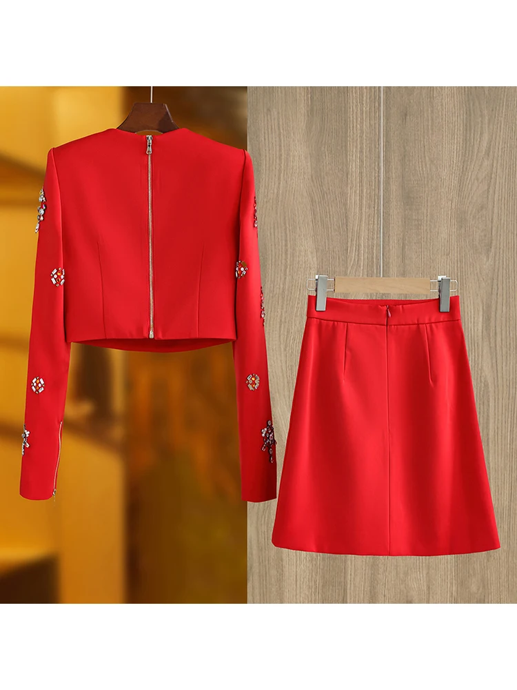 HIGH STREET Newest 2024 Designer Runway Suit Set Women's Stand Collar Zip Back Cropped Tops Skirt Set