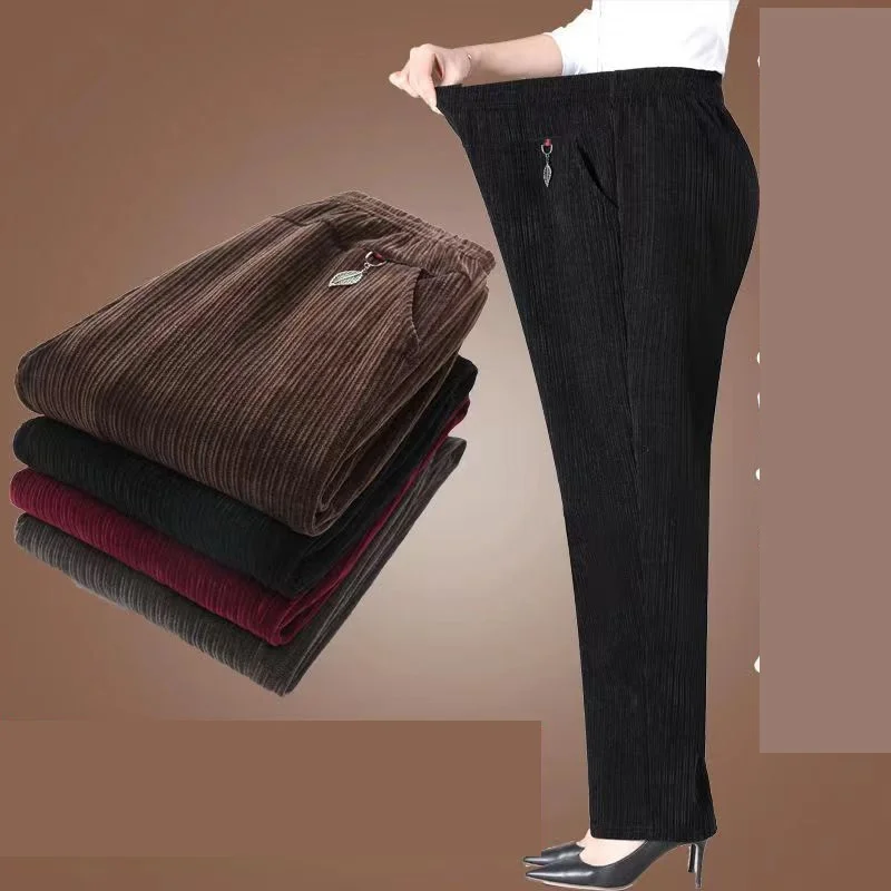 Oversize XL-8XL Corduroy Pants Middle-age Women Fleece Thicken Straight Pants Loose Warm Casual Trousers Mother Autumn Winter