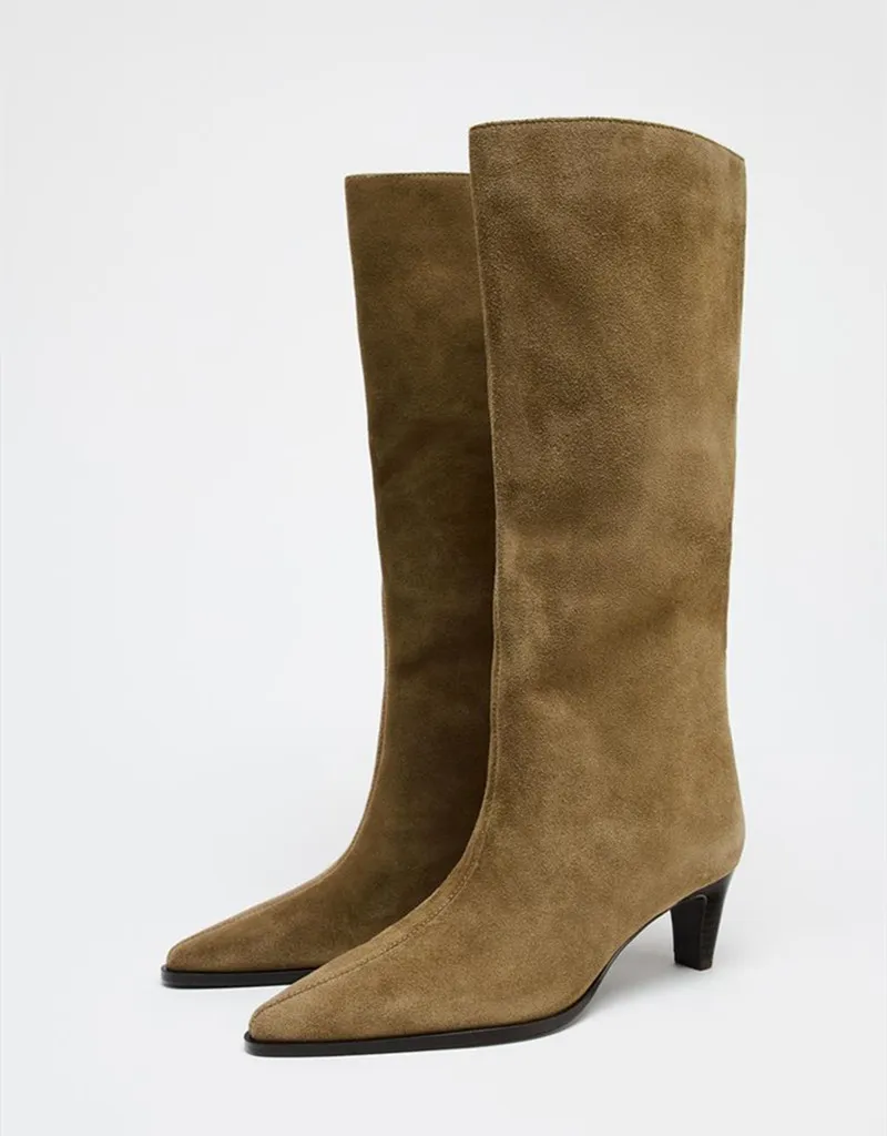 

Elegant Kitten Heel Knee-High Boots Women Sexy Pointed-Toe Faux Suede Long Boots Comfortable High Heels for Ladies Designer Shoe