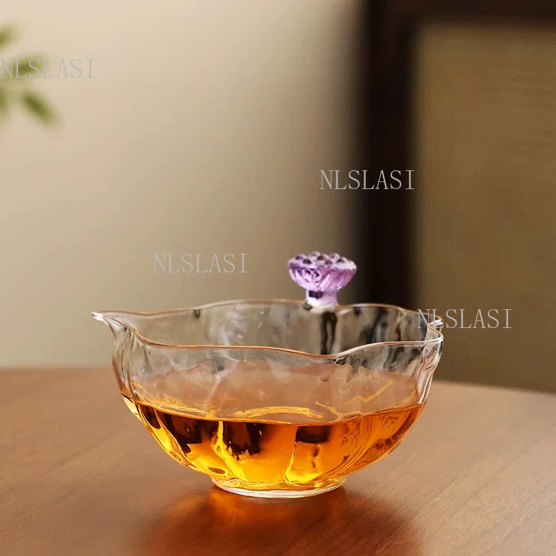 Chinese-style Glass Gongdao Cup with Purple Gradient Lotus Bud Handle Wavy Edge Fairness Cup for Kung Fu Tea Ceremony and Gift