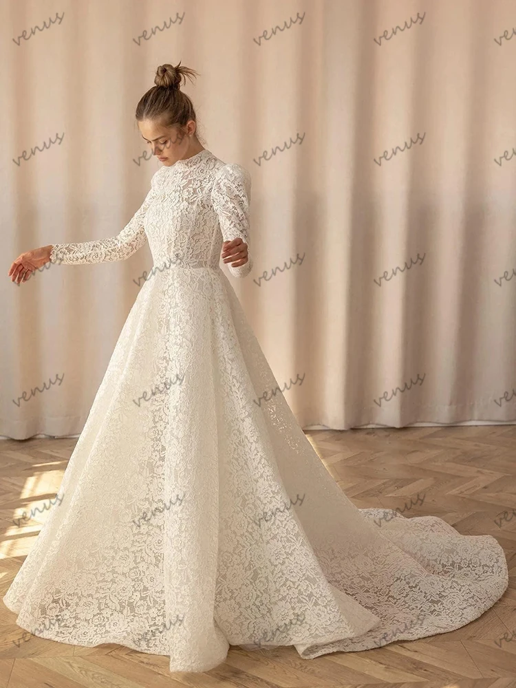 فساتين زفاف رائعة على شكل حرف A من الدانتيل زي العرائس بأكمام طويلة للحفلات الرسمية أنيقة من فيستدوس دي نوفيا مخصصة 2025