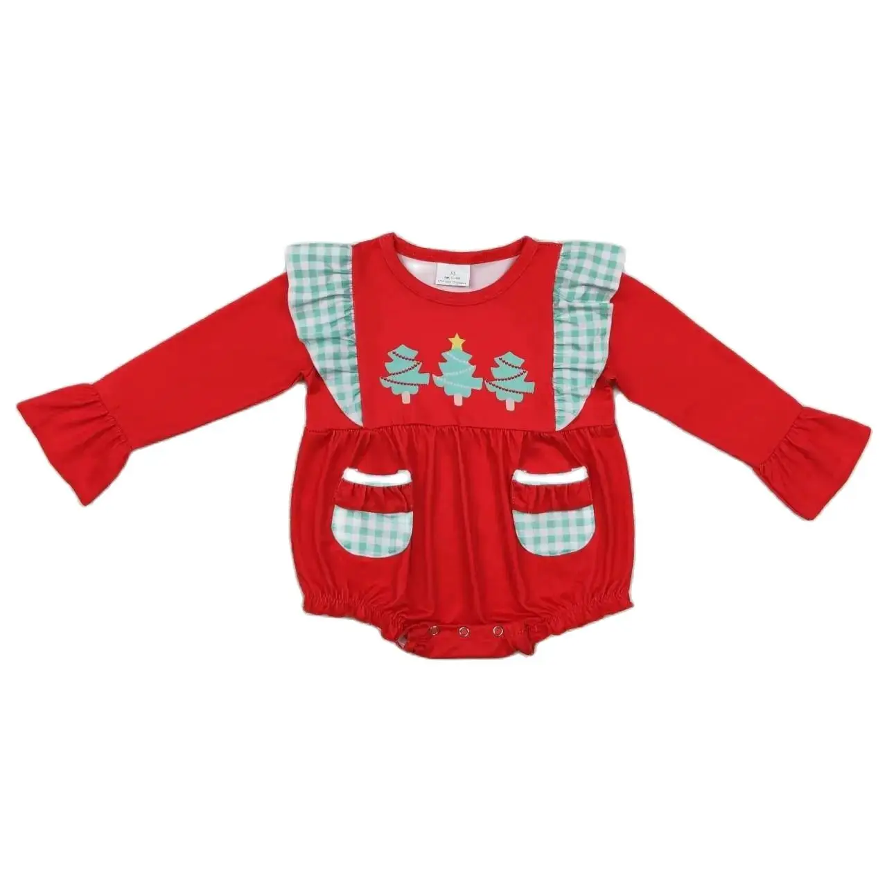 LR1161 Good Quality  Baby Girl Clothes Long Sleeves Top Christmas Tree Green Plaid Pocket  Print With Jumpsuit  Children Clothes