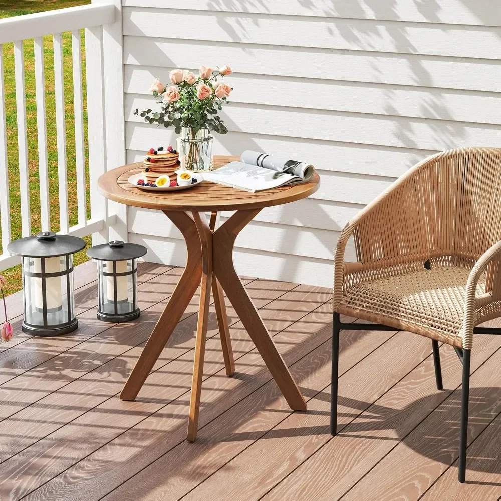 27.5 Inch Acacia Wood Outdoor Bistro Table, Round Wooden Table with X Base, Suitable for Garden, Backyard, Patio, Living Room