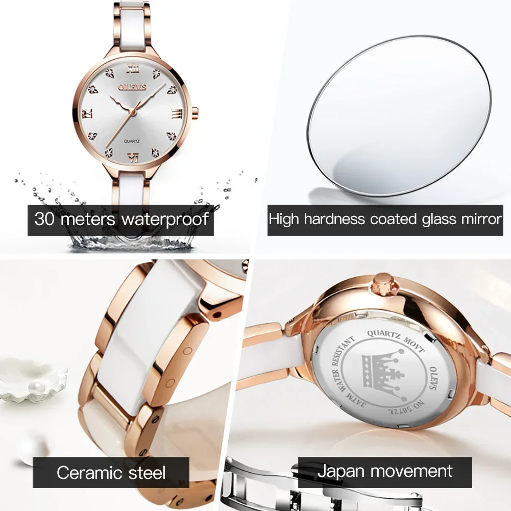 OLEVS Ceramics High Quality Quartz Watches for Women Stainless Steel Strap Fashion Waterproof Women Wristwatches