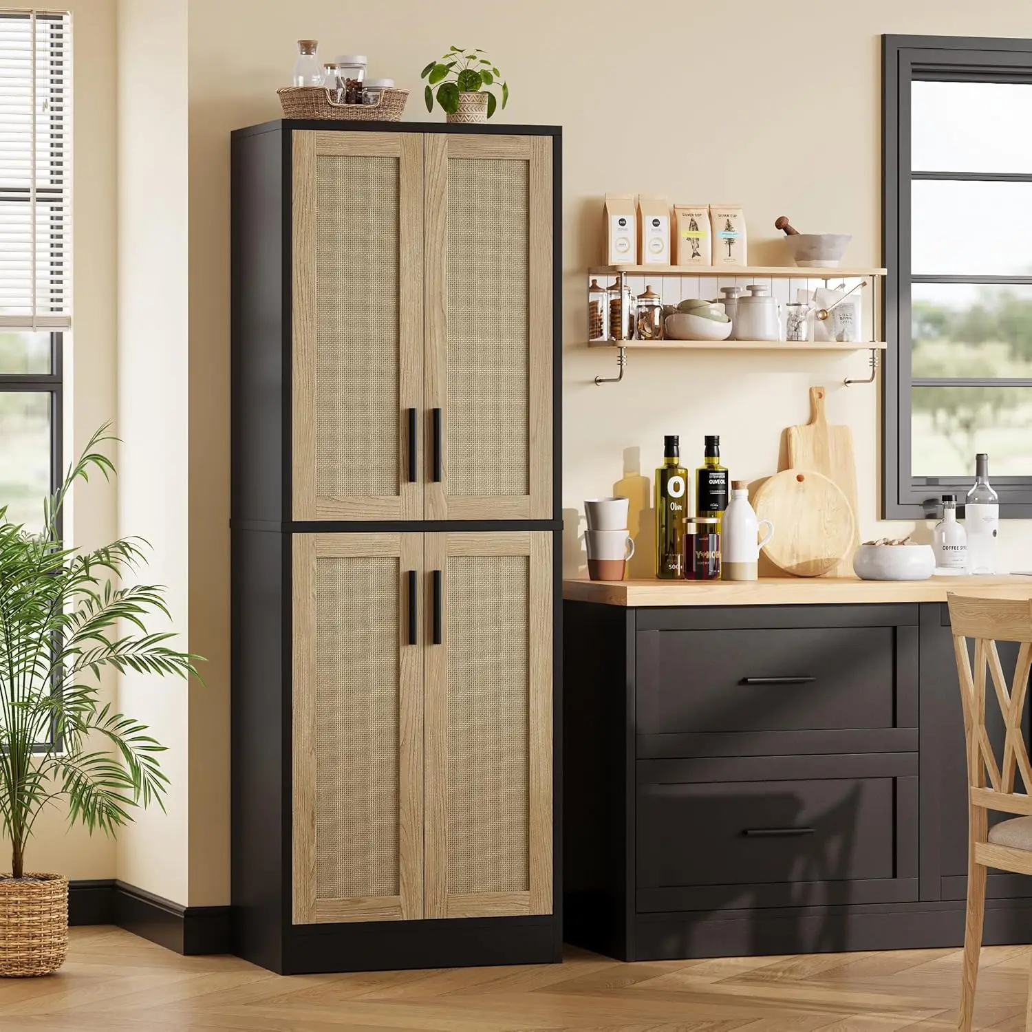 Kitchen , Rattan Cabinet with 4 Doors and Adjustable Shelves, Tall Black Cabinet Freestanding Storage  shelf decor  home