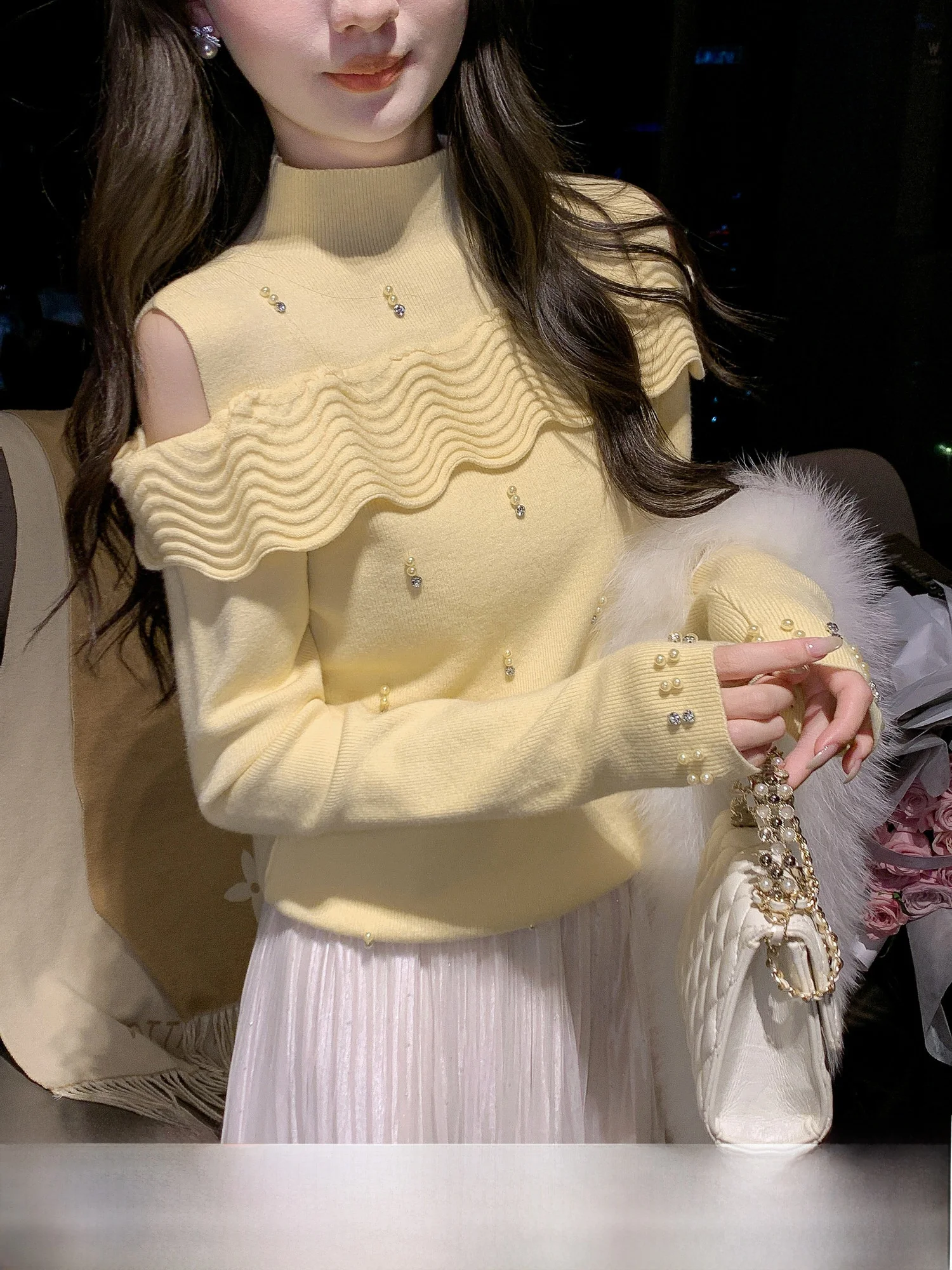 

Sweet Sle Long Sve Knitted Sweater oulder Bared Wave Pattern Women's Autumn Winter New Faion Soft Comfortable Fit Kn...