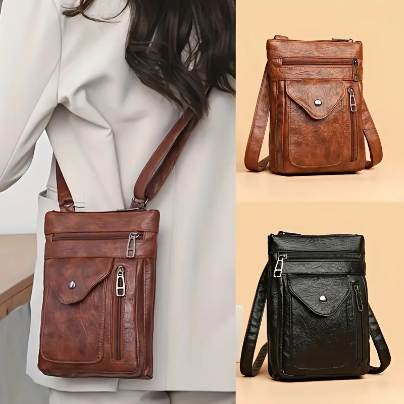 Bolso Bandolera Vintage Marrón de Piel Sintética con Múltiples Cierres, Correa Ajustable, Casual, Duradero, con Bolsillo para Teléfono para Uso Diario