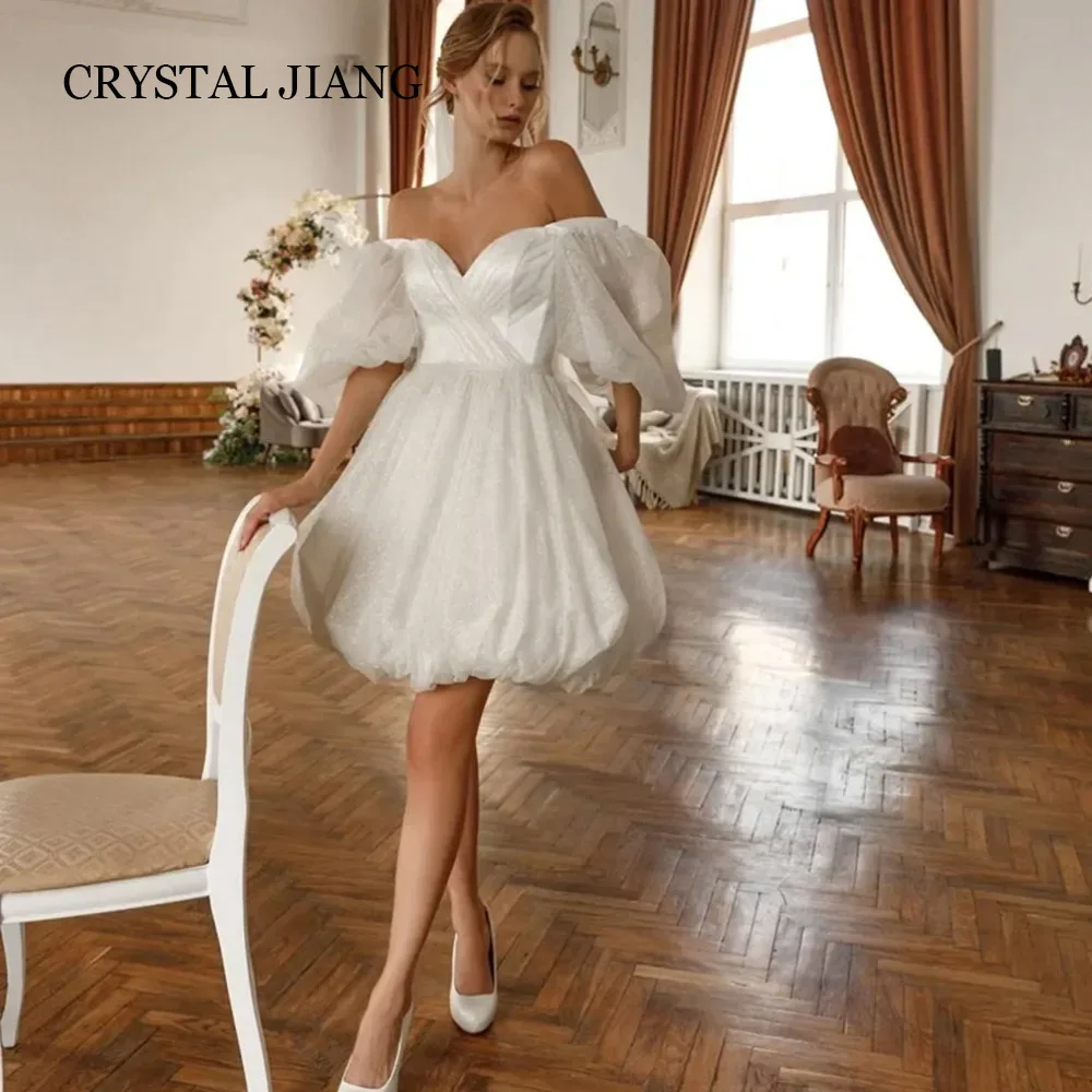 

Classy Short Off the Shoulder Shiny Tulle Wedding Dresses Short Sleeves A Line Knee Length Vestido De Casamento