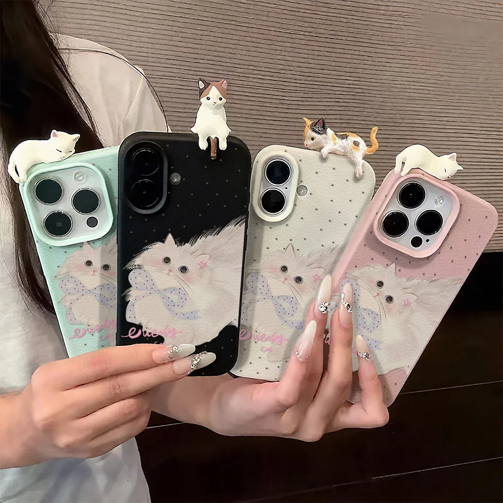 Süße Katze mit 3D liegender Katze Litschi-Muster Ledertasche für iPhone 17 Pro Max Air 11 15 12 13 14 16 Pro Max 16 Plus Funda Cover