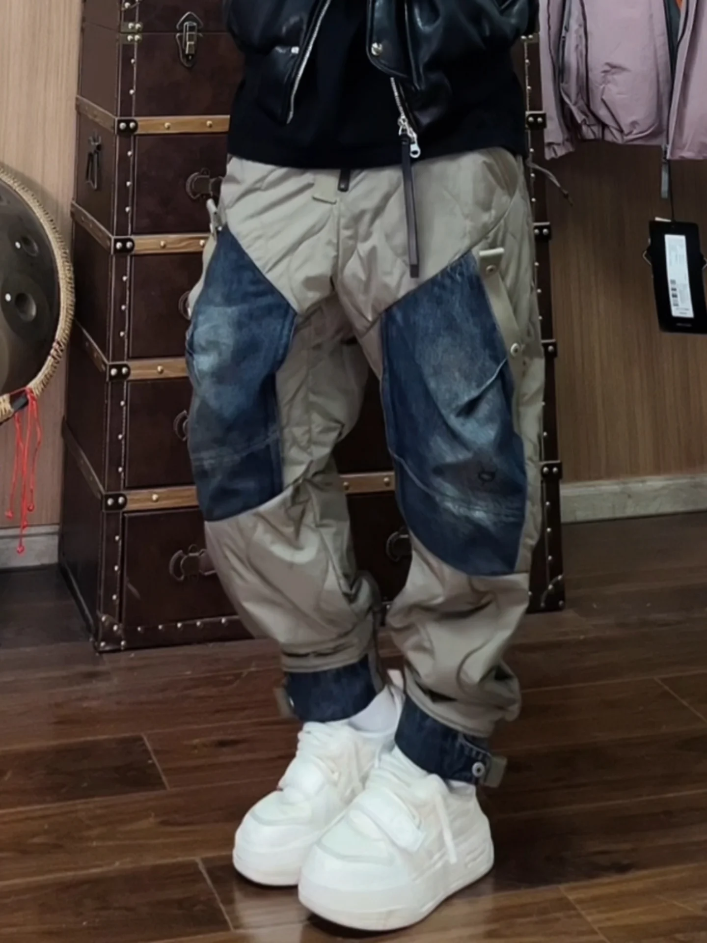 

Winter Faion Casual Thiened Patchwork Design Multi-ket Retro Color Blo Work Pants Straight Leg mid Waist Elastic