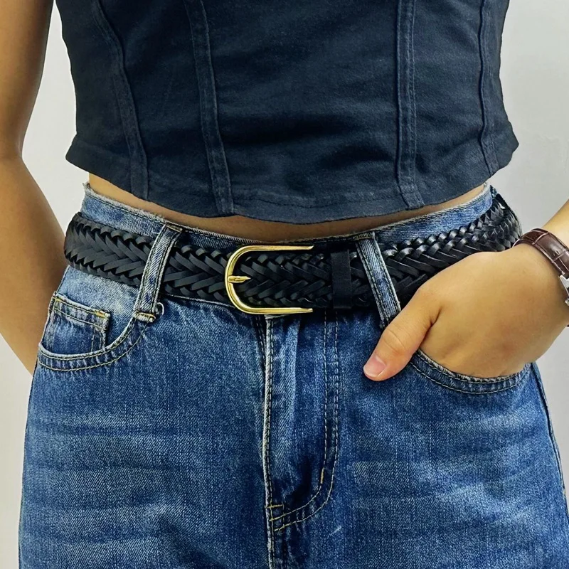 

3cm wide genuine leather woven belt, hand-woven cowhide buckle casual all-match belt, same style for men and women