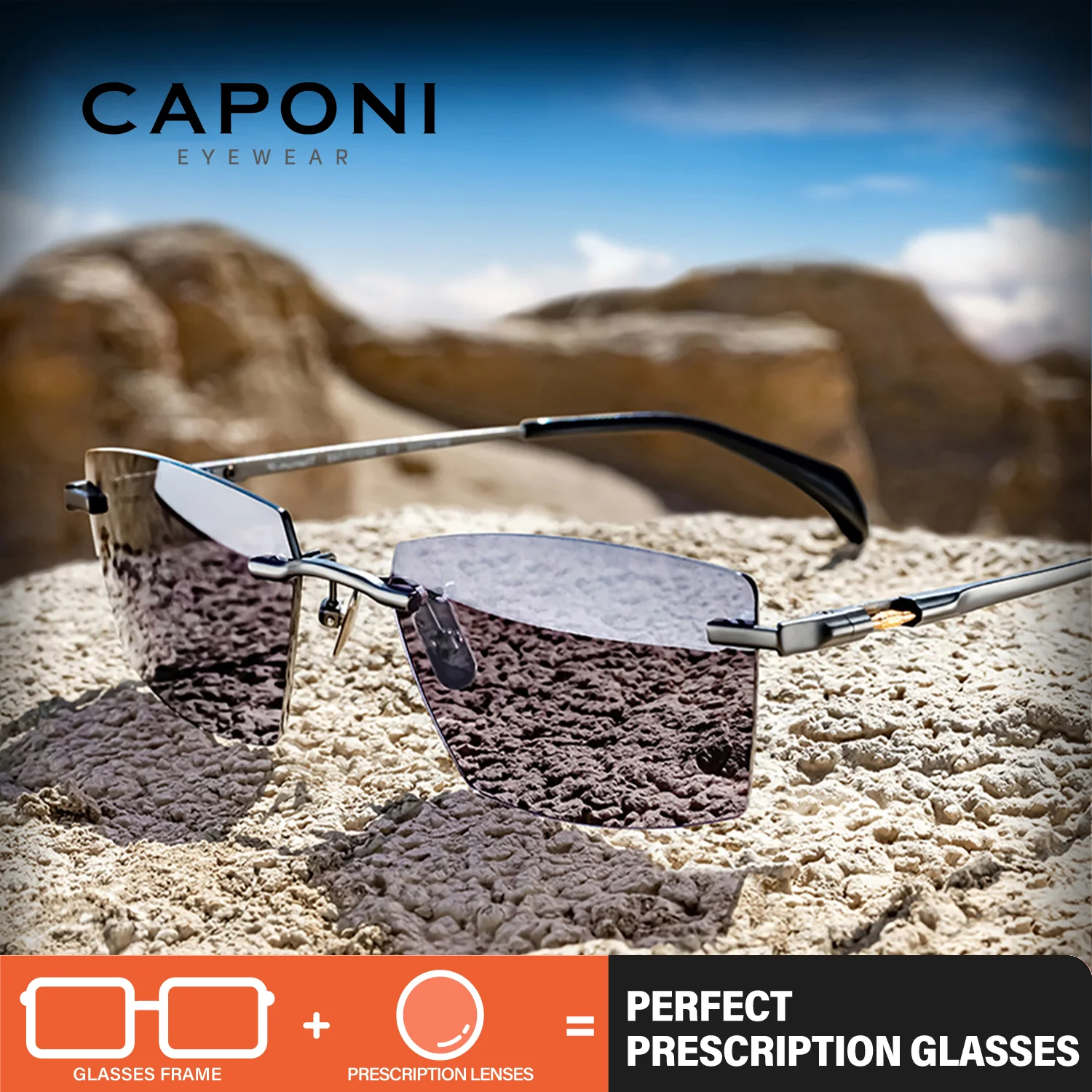 CAPONI Prescription Polarized Man Sunglasses Pure Titanium Rimless Myopia Ultralight Sun Glasses Progressive Black Shades PJ7532
