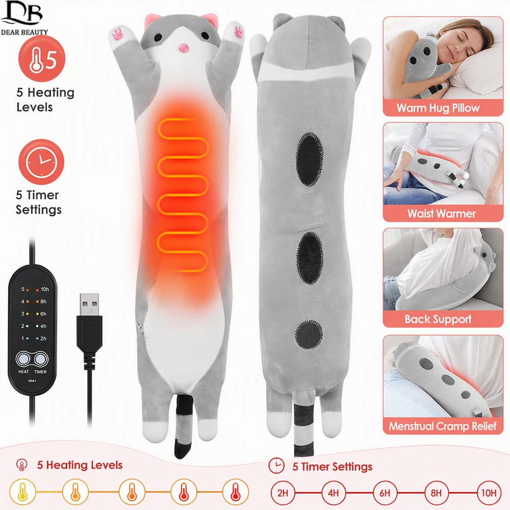 USB Electric Heating Pad Cute Cat Plush Long Throw Pillow For Bed Sofa 5 Modes Timer 5 Levels Heated Pillow For Back Neck Waist