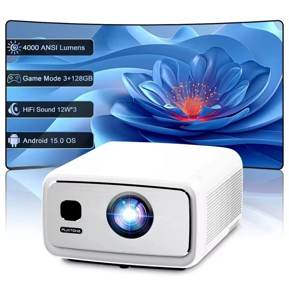 FlixTone D10S 4000 ANSI Full HD 1080P Projector for Movies, Android 15 WiFi 6 Beam Projector for Home Cinema, Outdoor Projectors