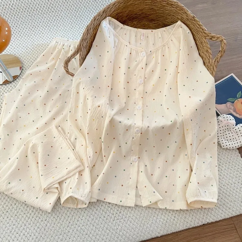 

Красочный комплект пижамы с точечным принтом для женщин, 2 предмета, элегантный домашний костюм с круглым вырезом, новинка весны, ночная одежда, милый наряд в стиле Y2K