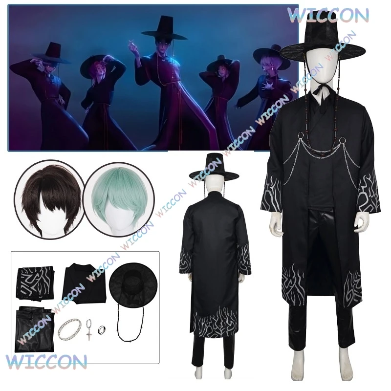 

Jinu Cosplay Costume KPOP Huntrix Saja Boys Korean Black Uniform Baby Cosplay Wig Sticker Demon Hunters Men Halloween Roleplay