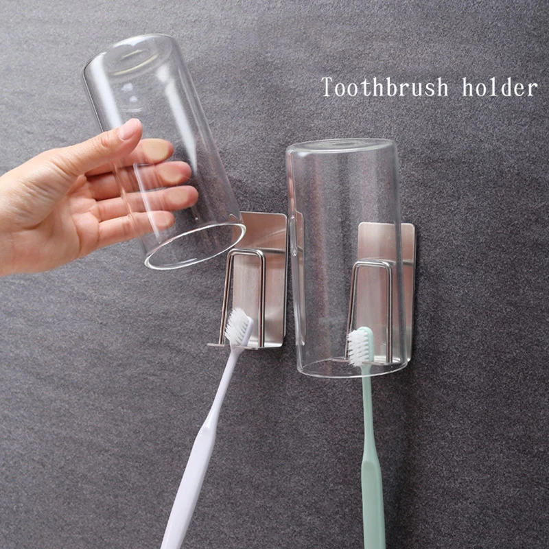 Stainless Steel Toothbrush Holder Tooth Mug Cup Storage Shelf Wall Suction Bath