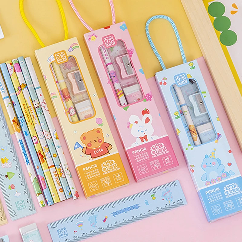 1 Set 5 Piece Stationery School Office Supplies Student Gift Prize Creative Kawaii Eraser Ruler Pencil Sharpener
