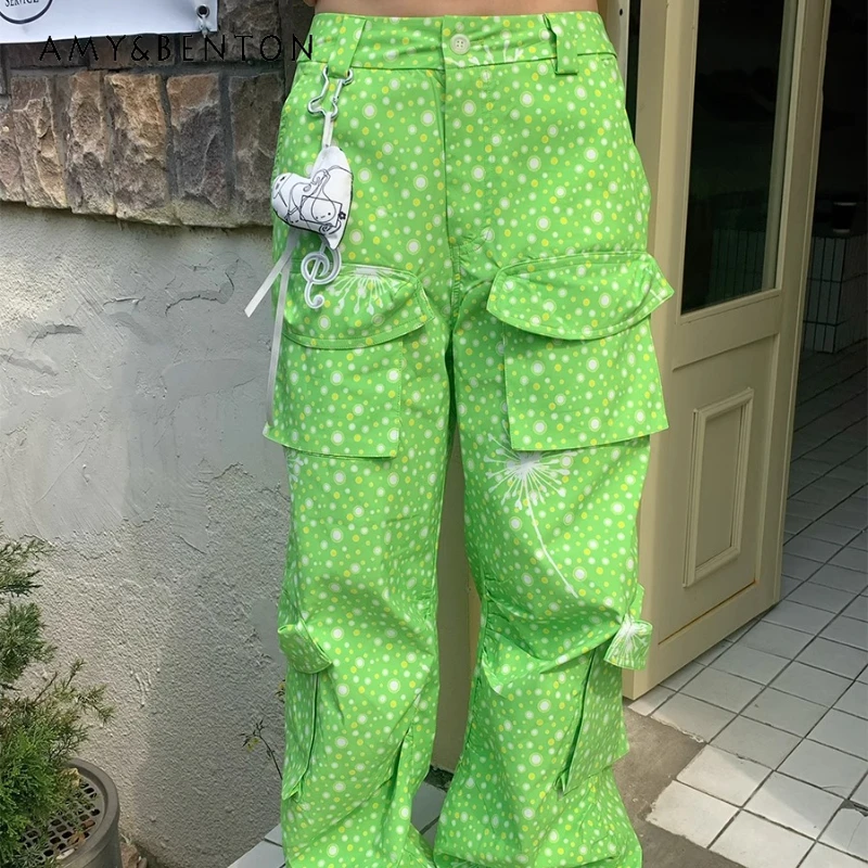 

Original Design Women's Trousers Green Plant Dandelion Multi-Pocket Overalls Skinny Versatile Personalized Fashion Pants Ladies