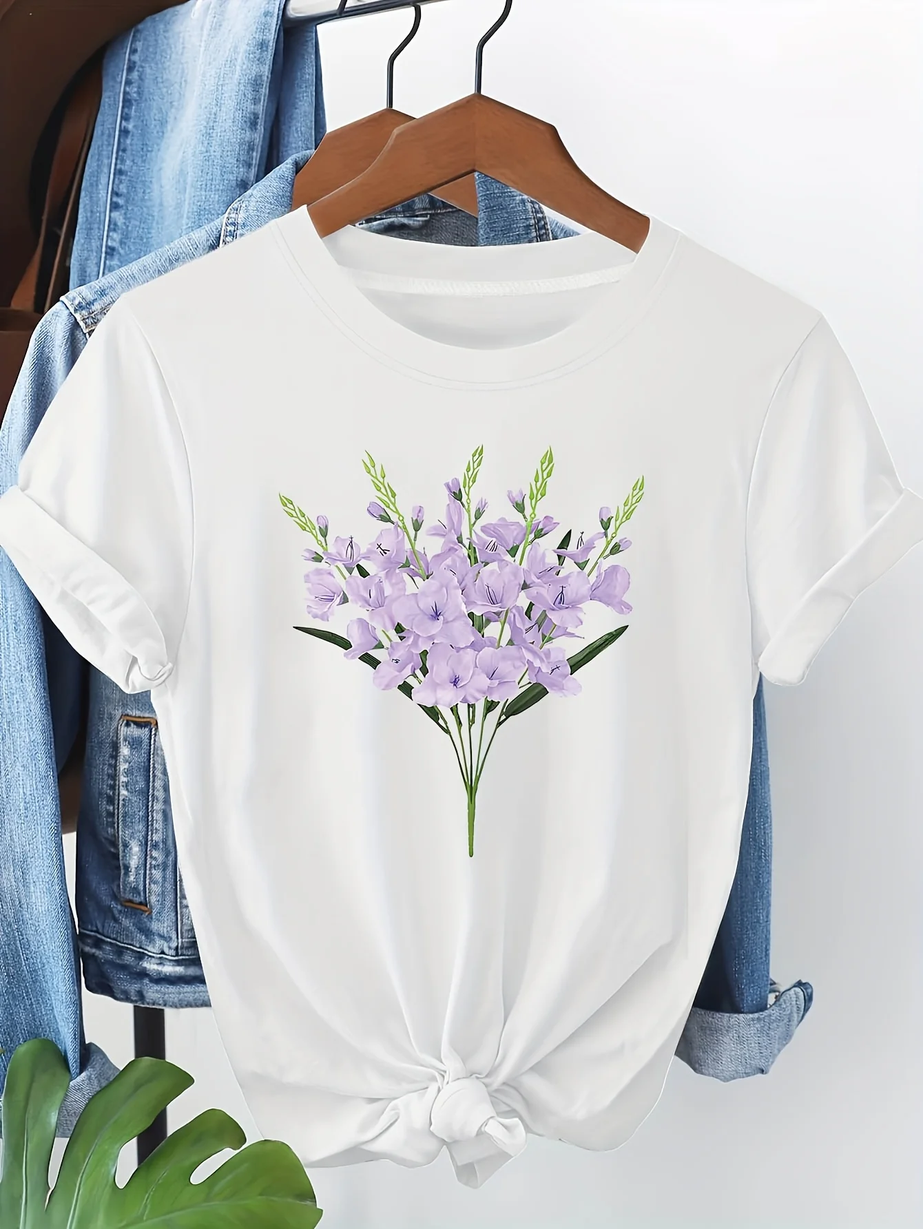 Fresh Purple Floral Printed Women'S Sleeve Round-Neck Casual Spring and Summer Perfect for Everyday Wear and Holiday Gifts
