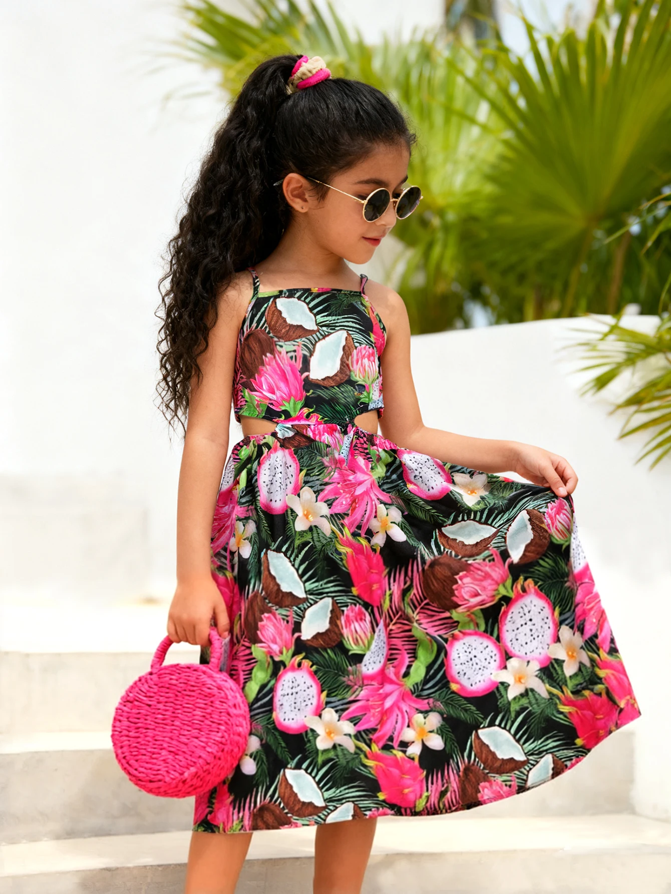 Mädchenkleid mit Tropenmuster, Sommerurlaubsstil, Strandkleid, Boho/Hawaiian Party Kinderkleidung 5-12 Jahre