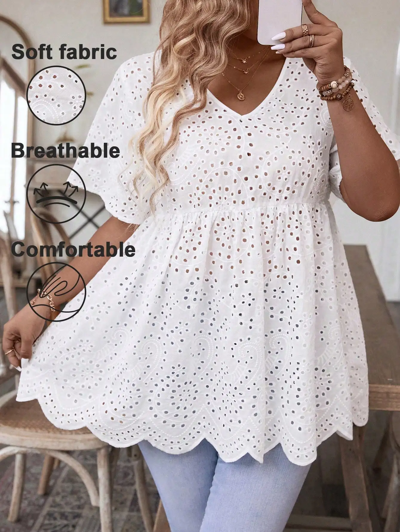 Women's Plus Size White Eyelet Embroidery V Neck Peplum Top, Loose Breathable Casual Blouse For Curvy Ladies Summer Daily Wear