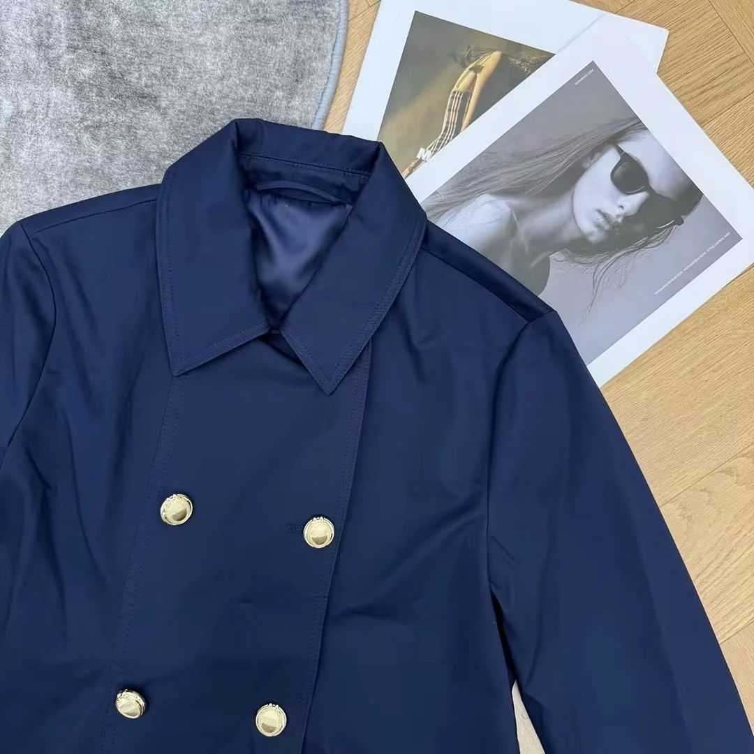 2026 New Autumn Elegant Navy Blue A-line Style Trench Coat with Double Row Gold Buckle Design Chic Casual Cotton Outwear