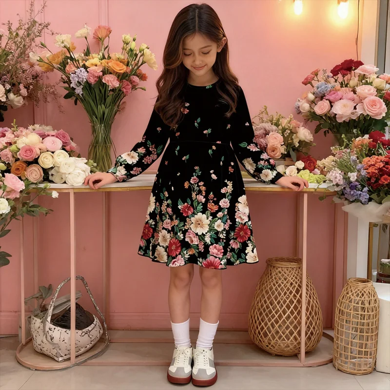 

Trendy Girls Long Sleeve Floral Print Dress - Cute Black Floral Party & Casual Midi Dress for Kids