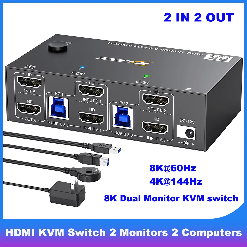 KCEVE 8K commutateur KVM HDMI 2 moniteurs 2 ordinateurs, commutateur KVM double moniteur USB 3.0 pour 2 ordinateurs partage 2 moniteurs et 4 HUB USB3.0